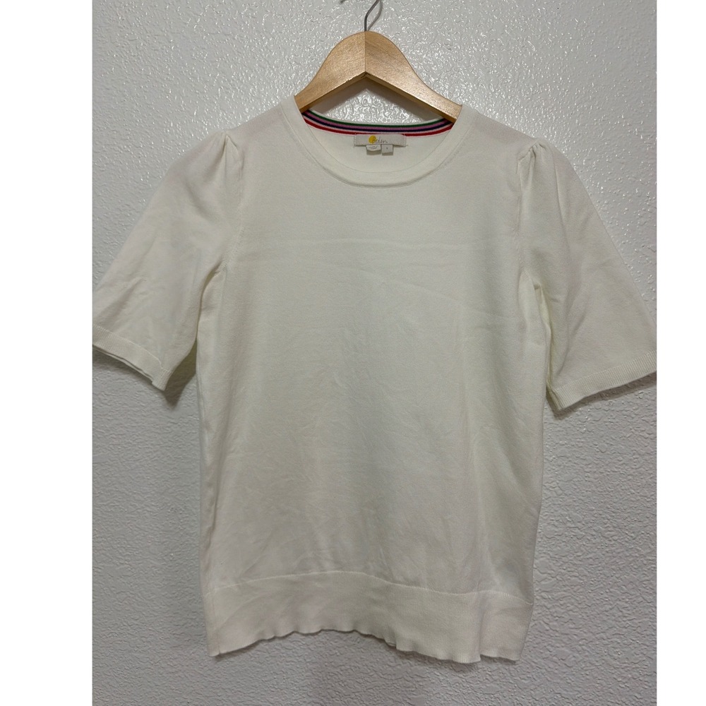 Boden Womens White Short Sleeve Puff Shoulder Knit Top Crew Neck Size S K0505